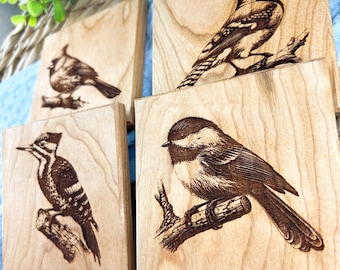 Set of 4 Engraved Wood Bird Coasters