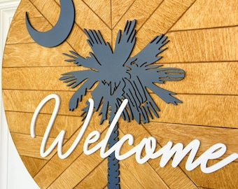 3D South Carolina Sign, Wooden South Carolina Welcome Wreath, Palmetto Tree Wooden Sign, SC Door Hanger