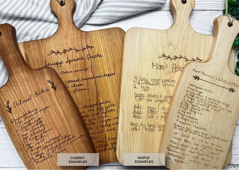 Handwritten recipe cutting boards. Engraved in family members handwriting on live edge cherry wood, walnut wood, and maple wood.
