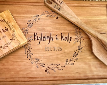 Three-Piece Engraved Cutting Board, Spoon, and Coaster Set, Personalized with the Design and Text of Your Choice