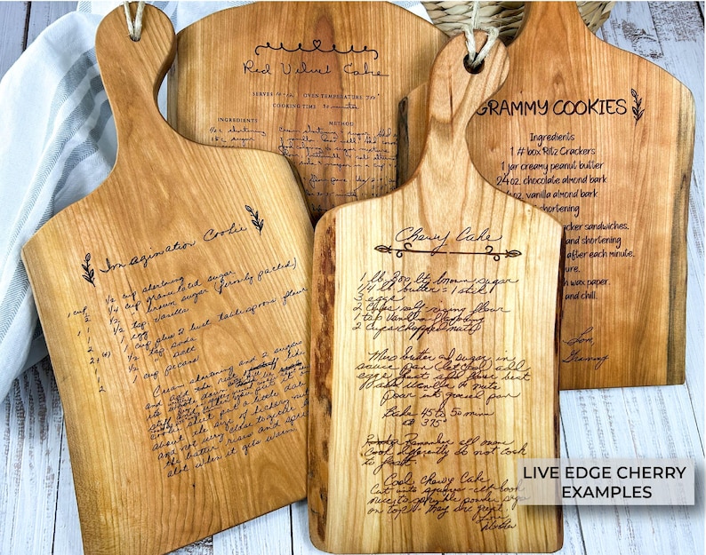 Live edge cherry cutting board that's engraved with a handwritten recipe. Engraving is done in the handwriting of the person who wrote it.