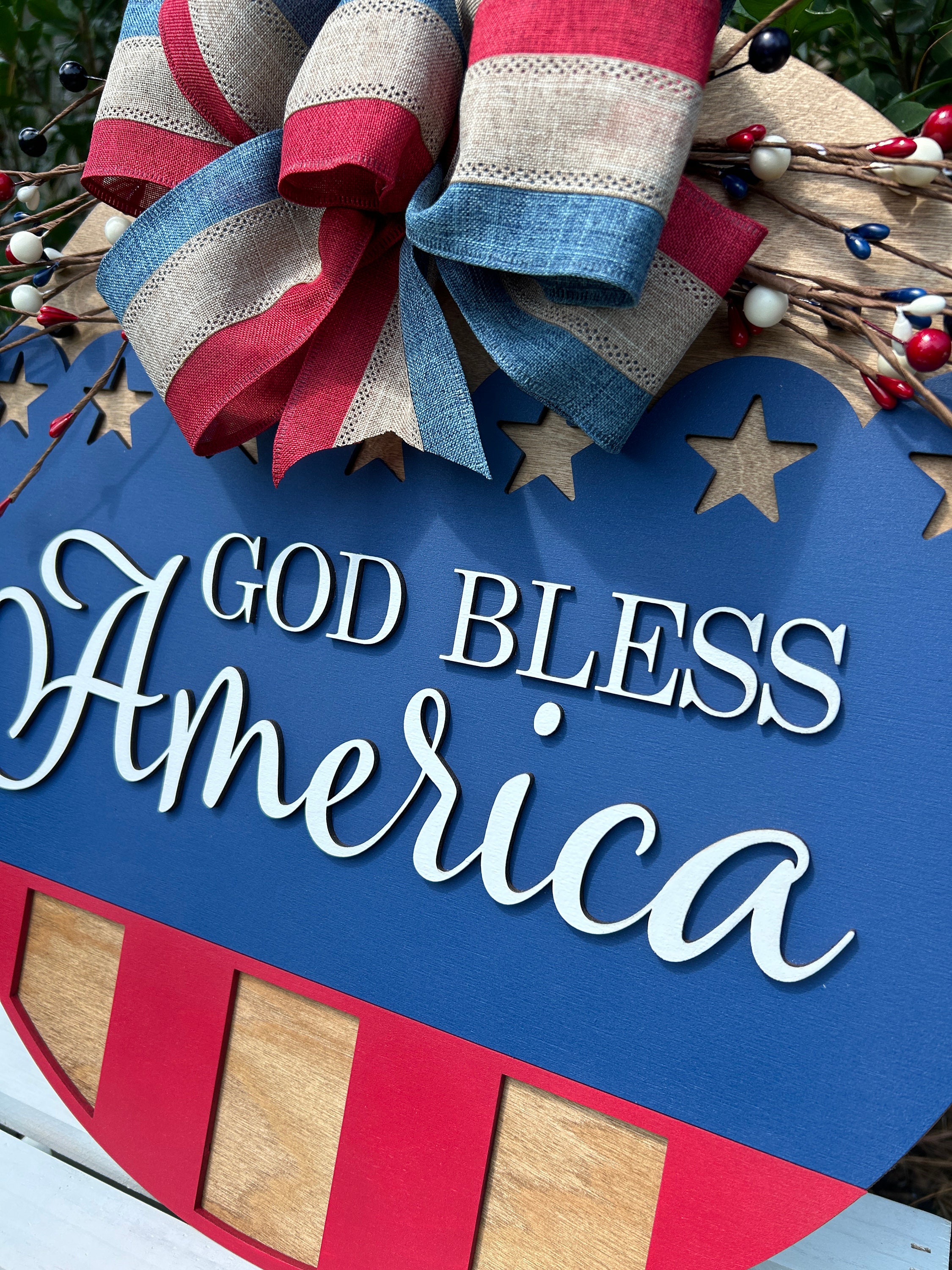Wooden American Flag Door Wreath | God Bless America Wooden Fourth of ...