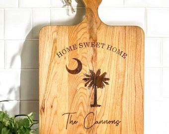 South Carolina Cutting Board | Personalized Engraved Cutting Board | SC Gift | Palmetto and Moon on Cutting Board with Custom Last Name