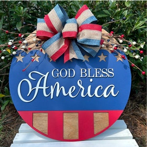 Wooden American Flag Door Wreath | God Bless America Wooden Fourth of July Door Hanger | Red White and Blue, Patriotic Americana Decor