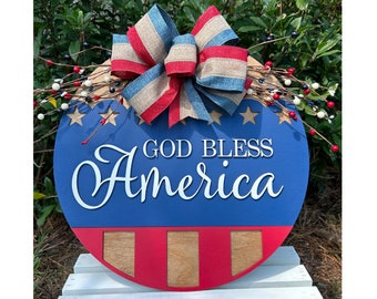 Wooden American Flag Door Wreath | God Bless America Wooden Fourth of July Door Hanger | Red White and Blue, Patriotic Americana Decor
