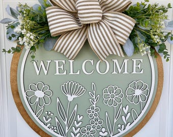 Spring Welcome Door Hanger | Floral Wooden Wreath with Flowers and Bow
