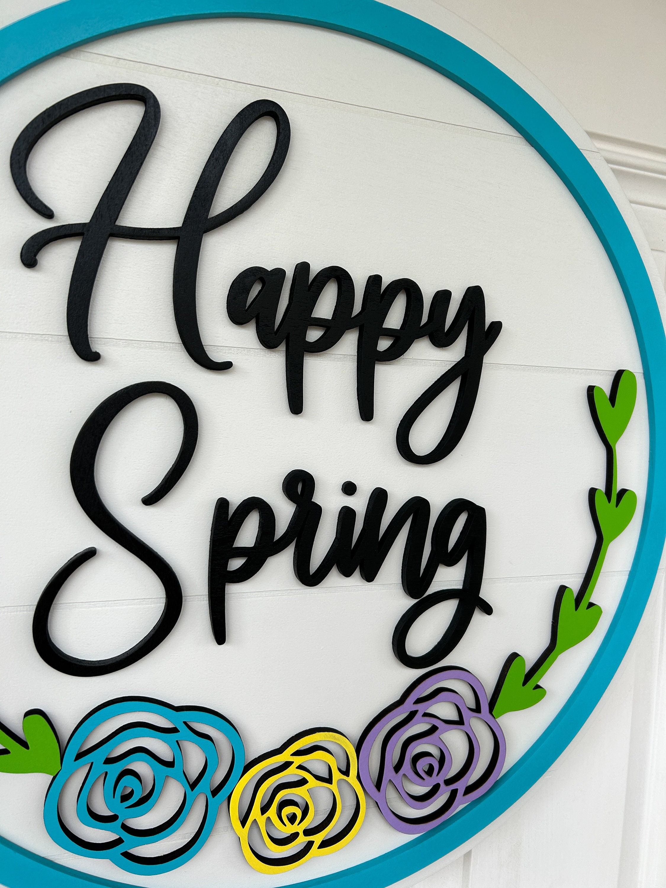 Happy Spring Sign Cute Happy Spring Wood Door Hanger | Spring Wood Wreath | Happy Spring Sign ...