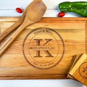 Personalized Cutting Board and Coasters | Engraved Cutting Board, Spoons, and Coasters Set | Gift for New Homeowners, Weddings, & Christmas