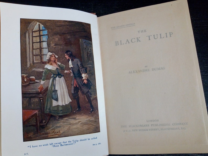 Puede incluir: Libro abierto con una ilustraci&oacute;n en color de una escena de "La Tulipa Negra" de Alexandre Dumas. La ilustraci&oacute;n muestra a una mujer con un vestido verde y un hombre con un abrigo oscuro. El texto en la p&aacute;gina derecha dice "La Tulipa Negra" y el nombre del autor.