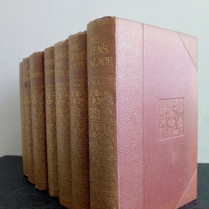 Puede incluir: Una colecci&oacute;n de libros antiguos con cubiertas marrones y letras doradas. Los t&iacute;tulos incluyen "El collar de la reina" y "La hija del rey". Los libros est&aacute;n dispuestos en fila, con un libro rosa en el lado derecho.