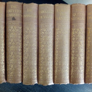 Puede incluir: Una colecci&oacute;n de siete libros antiguos con cubiertas de color marr&oacute;n claro y letras doradas. Los t&iacute;tulos incluyen "El tulip&aacute;n negro" y "El collar de la reina". Las lomos presentan patrones florales y el nombre del autor, Dumas.