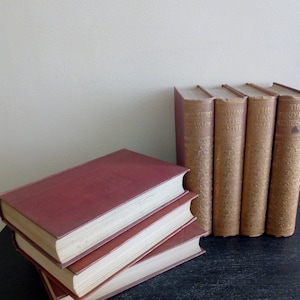 Puede incluir: Una colecci&oacute;n de libros antiguos, con una pila de tres vol&uacute;menes burdeos y una fila de cinco libros de pie. Los libros tienen letras doradas y cubiertas texturizadas envejecidas, con p&aacute;ginas blanquecinas.