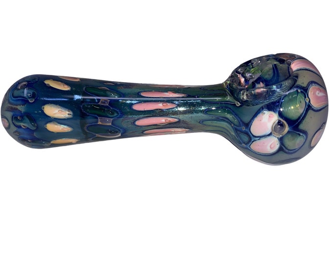 5 Hand Blown Glass Pipe for Smoking, Beautiful Blue Pipe With Pink and