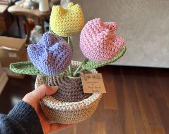 Forever Tulip Bowl | Crochet Tulips in Decorative Bowl | Handmade Flowers | No Maintenance Flowers | Allergy-Friendly Gift | Home Decor