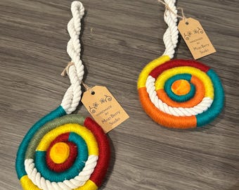 Spiral Fiber Wall Hanging – Macramé Rope & Needle Felted Center – Textured Mixed Media Wall Art