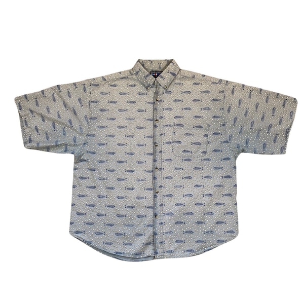 90s Fishbone Print Boxy Button Up Shirt
