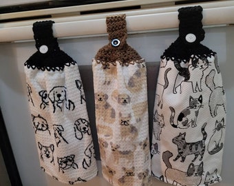 Dogs Cats kitchen hanging hand towels. NEW