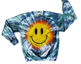 HAPPY FACE Tie Dyed Crew Sweatshirt S-2XL | Tocayo Hand Dyed + Painted Rainbow Smile Fleece Sweater | Adult Men Women