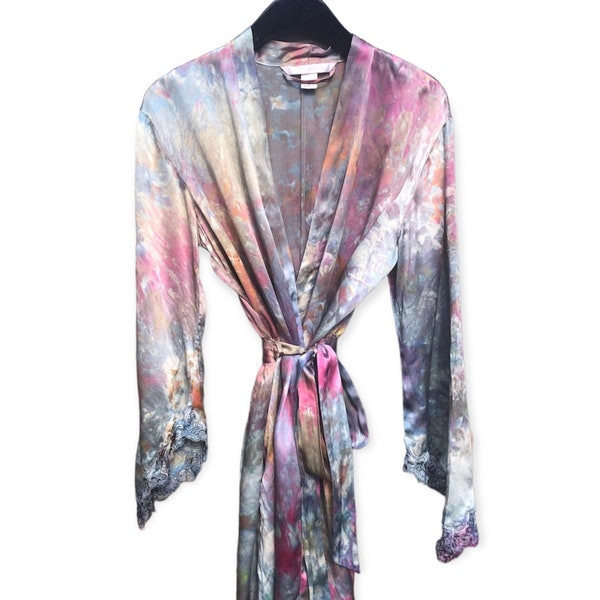 Upcycled SAKURA Ice Dyed Silk Robe Size XS | Tocayo Tie Dye Belted Kimono | Victoria's Secret Pastel