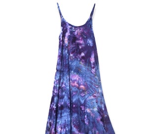 LUNA Ice Tie Dyed Maxi Dress | Dark Blue Purple Lightweight Rayon Long Slip Sundress