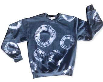 ENSO Tie Dye Sweatshirt | Shibori Hand Dyed Crewneck | Zen Circles Tocayo Indigo Shibori Fleece Sweater Adult Indigo Blue Sage Green