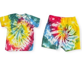 RAINBOW Tie Dye 2 pc Infant Set | Baby Tee Shirt and Shorts | Tocayo Hand Dyed Cotton Jersey Summer Outfit 0-24 months