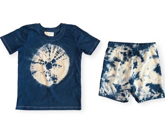 ENSO Tie Dye Toddler Tee and Shorts | 2 Pc Set | Tocayo Hand Dyed Infant Outfit Shibori 18m 4T 5T Blue Beige Organic Cotton