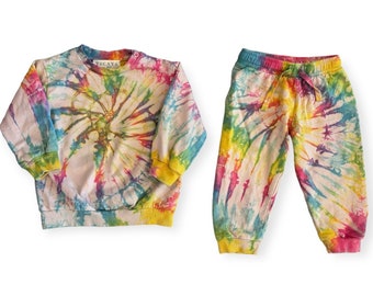 RAINBOW Tie Dye Baby Sweatsuit 6m - 4T | Tocayo Hand Dyed Crew Fleece + Jogger Pants | Organic Cotton Infant Toddler Girl Boy Spiral