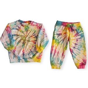 RAINBOW Tie Dye Baby Sweatsuit 6m - 3T | Tocayo Hand Dyed Crew Fleece + Jogger Pants | Organic Cotton Infant Toddler Girl Boy Spiral