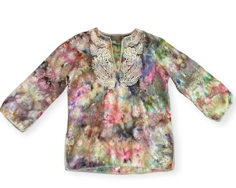 Upcycled SIENA Ice Tie Dye Linen Tunic Size Medium | Embroidered Split Neck Shirt