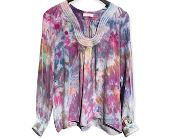 Upcycled SAKURA Ice Tie Dyed Silk Peasant Blouse Size Small | Pastel Tunic Shirt