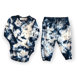 INDIGO Tie Dye Baby 2 Piece Set | Kimono Wrap Bodysuit +Jogger Pants  4-24 months | Tocayo Hand Dyed Baby Outfit