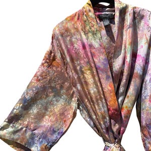 Upcycled Silk Ice Dyed Robe Size Large | SIENA Tie Dyed 100% Silk Kimono Wrap Floral Embossed Robe | Hand Dyed August Silk
