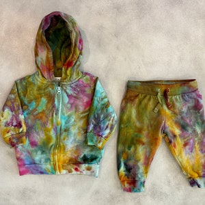 OJAI / BRONTE 2 Tie Dye Baby Sweatsuit | 2m - 9m Ice Dyed Fleece Zip Hoodie Sweatshirt + Jogger Pants | Rainbow Hand Dyed Organic Cotton