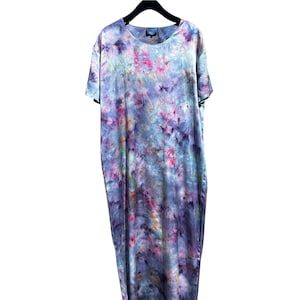 LUNA Silk Midi Dress Size Small | 100% Pure Silk Short Sleeve Long Dress | Hand Ice Dyed | Dark Blue Multicolor Loulou | Tocayo