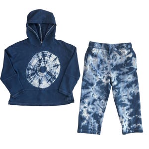 ENSO Toddler Tie Dye Sweatsuit 3T-5T | Organic Cotton Hand Dyed Hoodie +  Drawstring Pants | Blue Shibori Sweatshirt Sweatpants