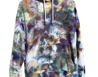 May include: A tie-dye hoodie with a variety of colors, including purple, blue, green, and orange. The hoodie has a drawstring hood and a kangaroo pocket.