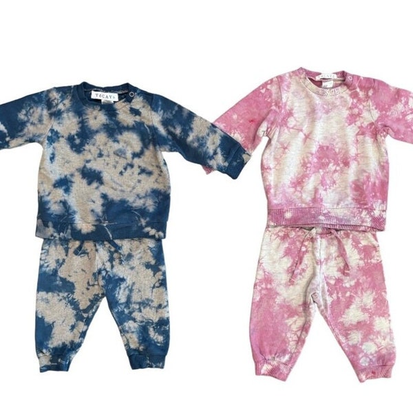 Shibori Tie Dye Baby Sweatsuit 2m-4T | Infant + Toddler | Tocayo Hand Dyed Crew Fleece Sweatshirt + Pants | Blue Pink Green Organic Cotton