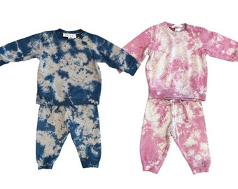 Shibori Tie Dye Baby Sweatsuit 2m-4T | Infant + Toddler | Tocayo Hand Dyed Crew Fleece Sweatshirt + Pants | Blue Pink Green Organic Cotton