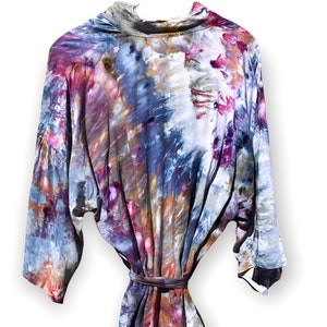 BRONTË Ice Dyed Kimono Robe | Tocayo Hand Tie Dye Rayon Duster w/ Belt | Indigo Brown Purple Loungewear
