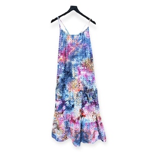 BRONTE Ice Dyed Cotton Maxi Dress Large - XL | Tocayo Swiss Dot Tiered Strappy Summer Dress | Dark Blue Purple Bronze
