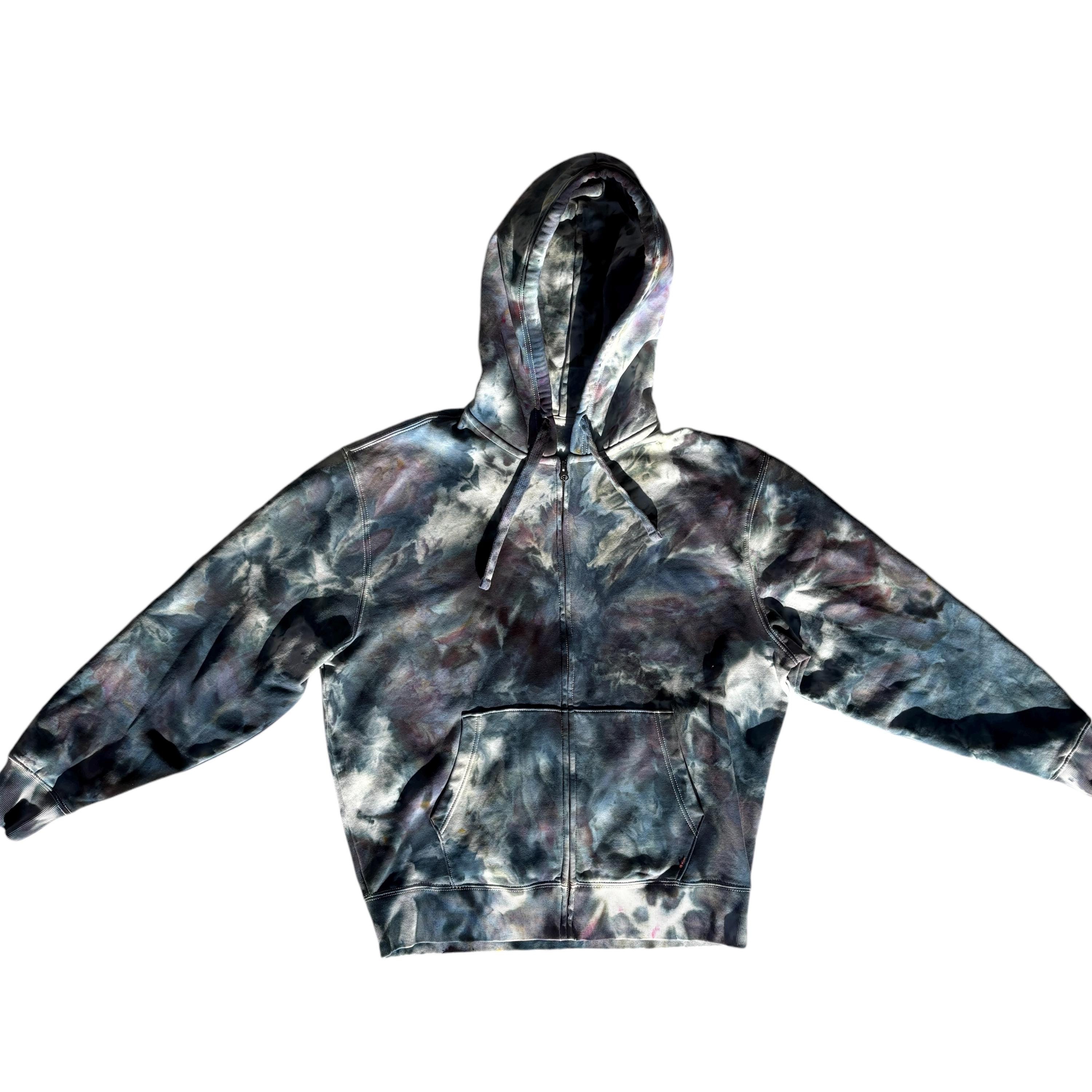 SMOKE Full Zip Oversized Hoodie Large XL Extra Large | Tie Dye Hooded Sweatshirt |  Tocayo Hand Ice Dyed Fleece | Dark Gray Black
