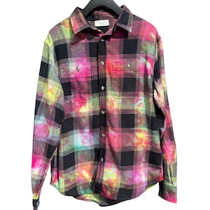 Camisa de franela teñida con hielo MOOD RING, talla mediana, algodón cepillado con cuadros de búfalo arcoíris