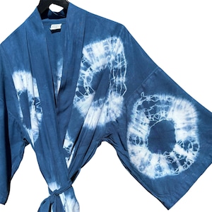 ENSO Tie Dyed Kimono Robe | Tocayo Tie Dye Belted Spa Bathrobe Loungewear | Zen Circles Shibori Dark Blue Indigo White