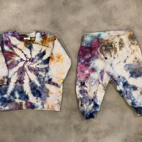 THE AQUARIAN Tie Dye Baby Sweatsuit 2mo-4T | Tocayo Hand Ice Dyed Crew Fleece + Jogger Pants | Organic Cotton Infant Toddler Sweater