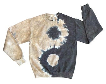 YIN YANG Tie Dye Sweatshirt Size S-L | Adult Fleece Crew | Shibori Hand Tie Dyed Black Beige Sweater Ying Yang Small Medium Large
