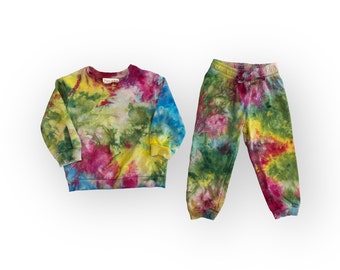 MOOD RING Tie Dye Baby Sweatsuit 3T 4T | Tocayo Rainbow Hand Ice Dyed Crew Fleece + Jogger Pants | Organic Cotton Blend Toddler