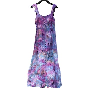 Purple Tie Dye Flutter Sleeve Dress Size Small | Ice Dyed Tocayo Long Midi Tiered Dress with Buttons | Summer Sundress Crinkle Rayon