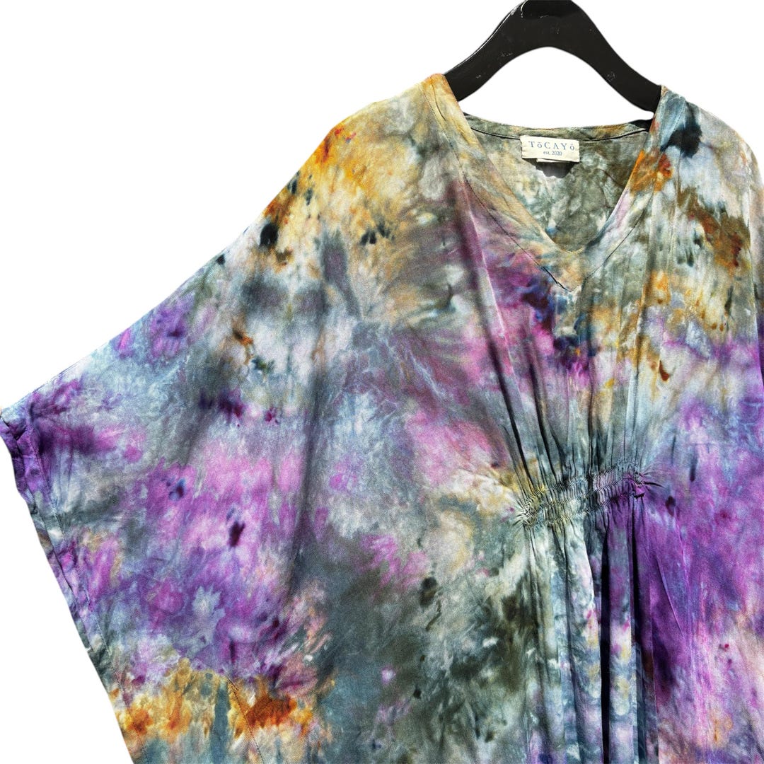 Handmade Women's Boho Ice Tie-Dye Caftan Maxi Dress - V-Neck Kimono Sleeve