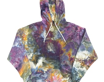 NARNIA Iced Tie Dye Hoodie Größe L | Baumwollmisch-Fleece-Sweatshirt | Lila Grün Gold
